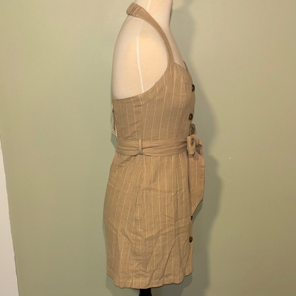 LOST & WANDER Chic tan/white striped Button-Down Halter Mini Dress size Small - Picture 5 of 13